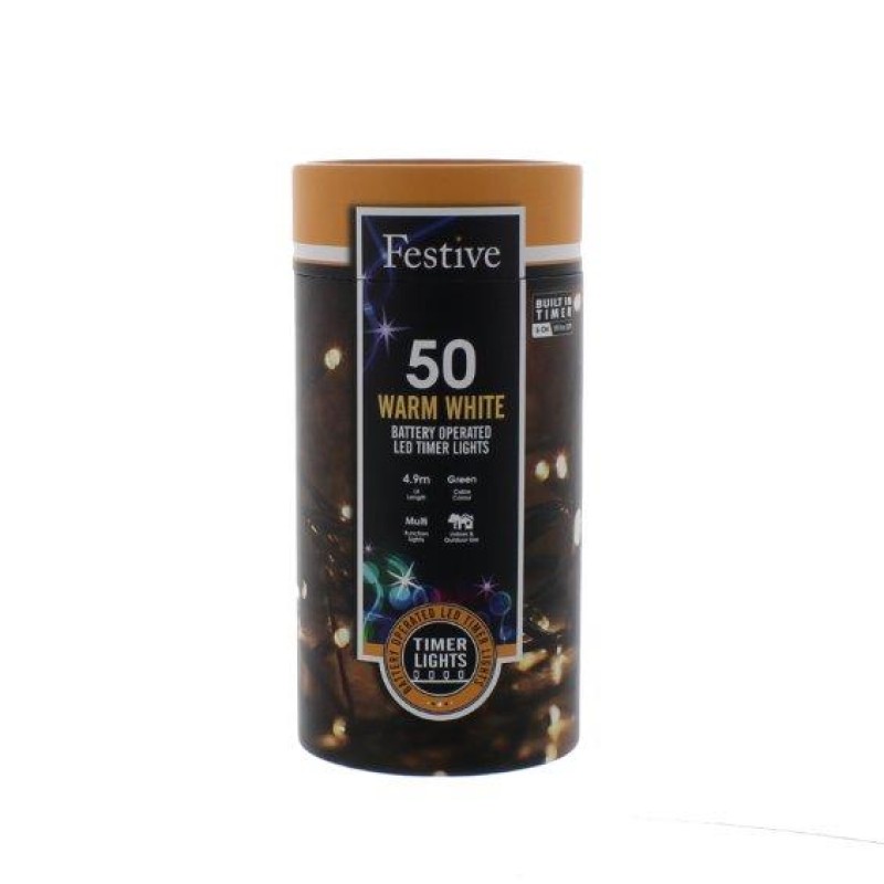 XMAS LIGHTS : 50 BO LED TIMER STRING - WW
